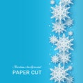 Christmas background. Papercut 3d white snowflake shapes on blue backdrop, winter holiday card. Xmas frozen pattern Royalty Free Stock Photo