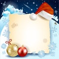 Christmas background with parchment, hat and baubles Royalty Free Stock Photo