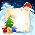 Christmas background with parchment, tree and hat Royalty Free Stock Photo