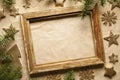 Christmas background - picture frame, tree, stars and snowflakes Royalty Free Stock Photo