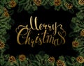 Christmas background with pine cones and branches frame. Festive decorative holiday gold texture lettering.