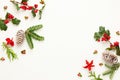 Christmas background with pine cones, branches of holly with red berries and fir tree on white. Winter festive nature concept.