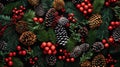 Christmas background with pine cones, holly berry and fir branches Royalty Free Stock Photo