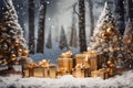Christmas background with pine, gift box, golden ball, ribbon and snowflakes. Generative ai