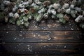 Christmas background with pine tree branches and snow on rustic dark wood. Generative AI Royalty Free Stock Photo