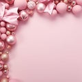Christmas pink background and pink balls, ribbons and bows
