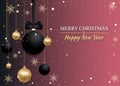 Christmas background pink elegant decorated golden and black Christmas baubles, balls with bow, snowflakes. New Year and Xmas Royalty Free Stock Photo