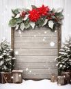 Christmas background with poinsettia flower and wooden sign. Royalty Free Stock Photo
