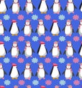Christmas background with Polar penguins and snowflakes