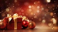 Christmas background with present, golden ribbon, golden and red glittering baubles created with Generative AI Royalty Free Stock Photo