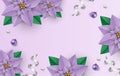 Christmas background with purple poinsettia flowers, white and purple balls and shiny ribbon Royalty Free Stock Photo