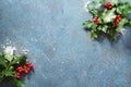 Christmas background, holly leaves and red berries, covered in s