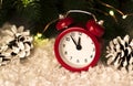 Christmas background with red alarm clock snowflakes cones and cones. Royalty Free Stock Photo