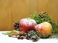 Christmas background red apples golden pineapples green pines and dried fruit Royalty Free Stock Photo