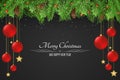 Christmas background. Red balls and golden stars. Snowy berries with a fir tree on a dark background. Happy New Year Royalty Free Stock Photo