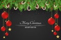 Christmas background. Red balls and golden stars. Sugar lollipops. Snowy berries with a fir tree on a dark background Royalty Free Stock Photo