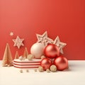 Christmas background with red balls, stars and christmas tree. 3d render AI Generative. Royalty Free Stock Photo