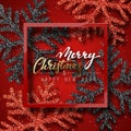 Christmas background red, with beautiful bright snowflakes realistic shine glitter. Royalty Free Stock Photo