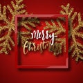 Christmas background red, with beautiful bright snowflakes realistic shine glitter. Royalty Free Stock Photo