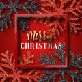 Christmas background red, with beautiful bright snowflakes realistic shine glitter. Royalty Free Stock Photo