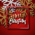 Christmas background red, with beautiful bright snowflakes realistic shine glitter. Royalty Free Stock Photo