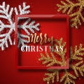 Christmas background red, with beautiful bright snowflakes realistic shine glitter.