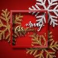 Christmas background red, with beautiful bright snowflakes realistic shine glitter. Royalty Free Stock Photo