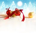 Christmas background with red and gold bauble on blue background Royalty Free Stock Photo