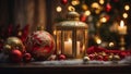 Christmas background, red and gold spheres with lamp and candle. AI Generated