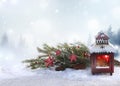 Christmas background with lantern and fir tree branch Royalty Free Stock Photo