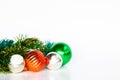 Christmas background with a red ornament, Green ornament and Silver ornament on white background. Royalty Free Stock Photo