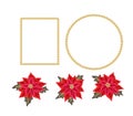 Christmas background with red poinsettias and gold beads frames. Royalty Free Stock Photo