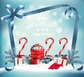 Christmas background with a red sack full presents, candy cone and santa hat Royalty Free Stock Photo