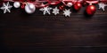 Christmas background with red and white baubles and snowflakes on dark wooden board Generative AI Royalty Free Stock Photo