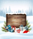 Christmas background with a retro wooden sign and gift boxes.