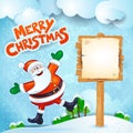 Christmas background with Santa, wooden sign and text