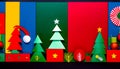 Christmas background scandinavian design inspire. xmas green trees paper cut style. red, blue, green and yellow background