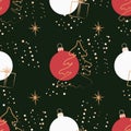 Christmas background. Seamless abstract pattern with Christmas trees, gifts and red Christmas balls Royalty Free Stock Photo