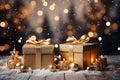 Christmas background seamless, gift boxes, golden ball, snowflakes. Generative ai Royalty Free Stock Photo