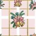 Seamless Paper - Pine branches , Christmas Bells , Christmas Flowers on tartan background with gold glitter a Royalty Free Stock Photo