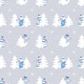 Christmas background. Seamless pattern. Cute snowmen have fun. Different snowmen in blue winter clothes