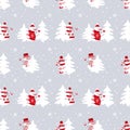 Christmas background. Seamless pattern. Cute snowmen have fun. Snowmen in red winter clothes and white fir trees