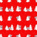 Christmas background. Seamless pattern with fir trees and rats - a symbol of 2020