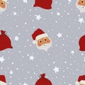 Christmas background. Seamless pattern with Santa Claus heads, bags with gifts, stars and snowflakes Royalty Free Stock Photo