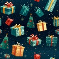 Christmas background seamless with pine, giftbox, ribbon and beautiful lighting. Generative ai