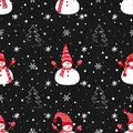 Christmas background. Seamless winter pattern with cute snowmen, fir trees and snowflakes Royalty Free Stock Photo