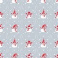 Christmas background. Seamless winter pattern with cute snowmen, fir trees and snowflakes Royalty Free Stock Photo