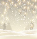 Christmas background in sepia tone, winter landscape with small electric lights, illustration