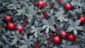 Christmas background of sharpie, red toy balls and pinecones.