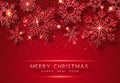Christmas background with shining golden snowflakes and snow. Merry Christmas card illustration on red background Royalty Free Stock Photo